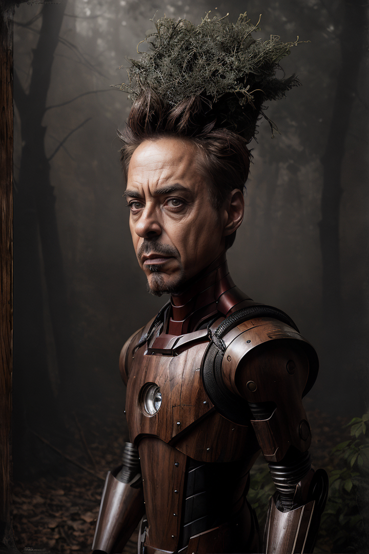 (dynamic pose:1.2),(dynamic camera),(art retouch, photo surrealism),
(close-up Robert Downey Jr.) as (wooden:1.1) robot st...